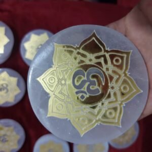 Round Selenite plate engraved 14