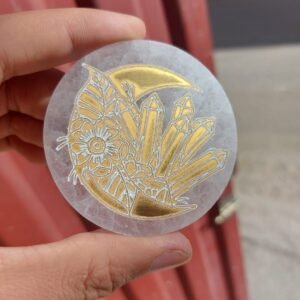 Round Selenite plate engraved 10