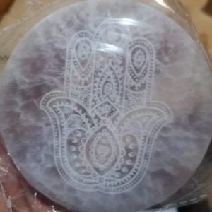 Round Selenite plate engraved 2