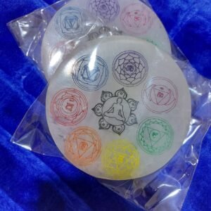 Bulk wholesale round selenite charging plates with colored chakras engraving