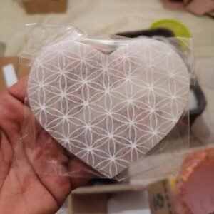 Wholesale selenite crystal heart shaped charging plate fully engraved with flower of life