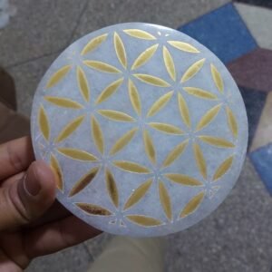 Wholesale selenite crystal round plate engraved with gold flower of life