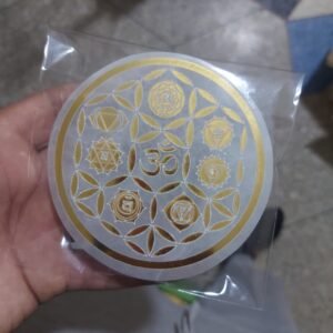 Wholesale white selenite crystal round charging plate engraved with gold mandala