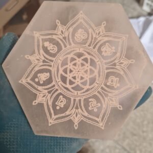 Wholesale round white selenite crystal plate beautifully engraved with intricate mandala pattern