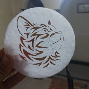 Wholesale round selenite charging plate engraved with gold cat