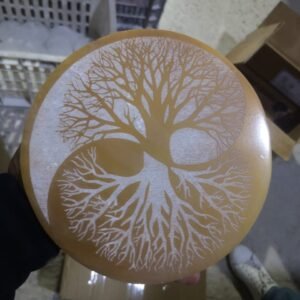 Wholesale round white selenite charging plate featuring gold tree of life engraving