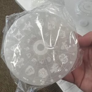 Wholesale round white selenite crystal plate engraved with astrological zodiac signs