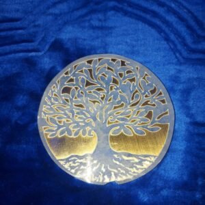 Wholesale round white selenite charging plate featuring gold metallic tree of life engraving