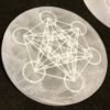 Wholesale round white selenite plate engraved with complex sacred geometry Metatron's cube