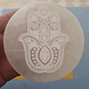 Wholesale round white selenite crystal plate engraved with clean white Hamsa hand design
