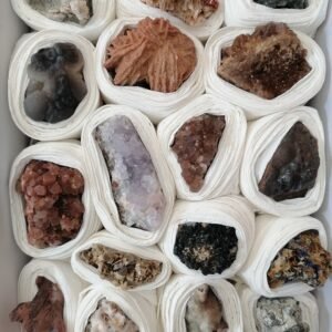 Wholesale flat box of mixed Moroccan mineral specimens individually wrapped for secure shipping